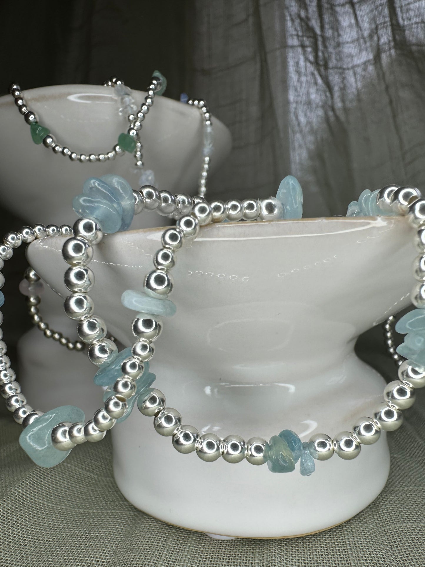 2 Sterling Silver Bracelet with Aquamarine Beads