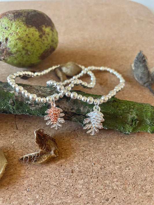 Sterling Silver Fir Cone & Oak Leaf Beaded Bracelet