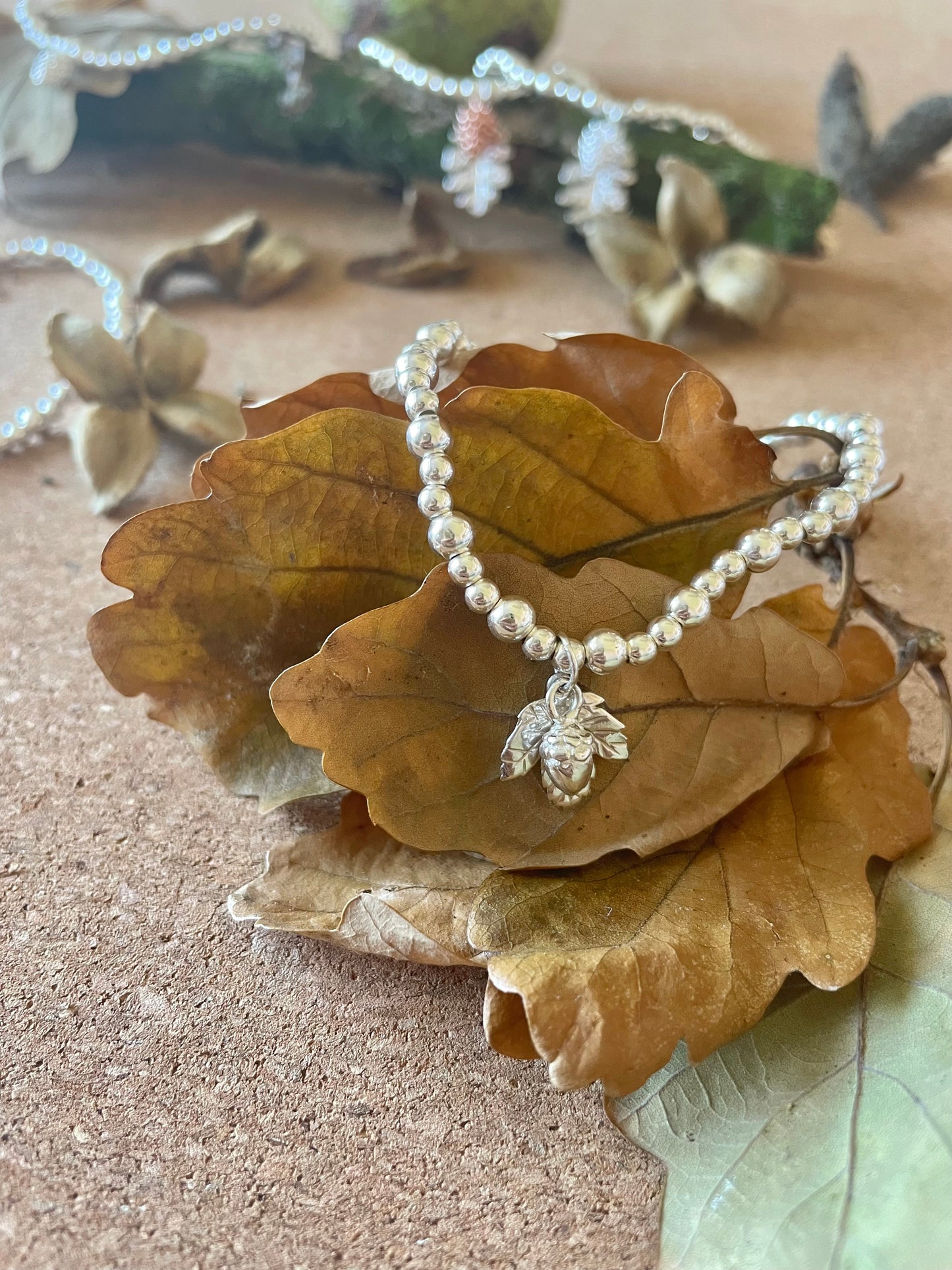 Sterling Silver Acorn & Maple Leaf Beaded Bracelet