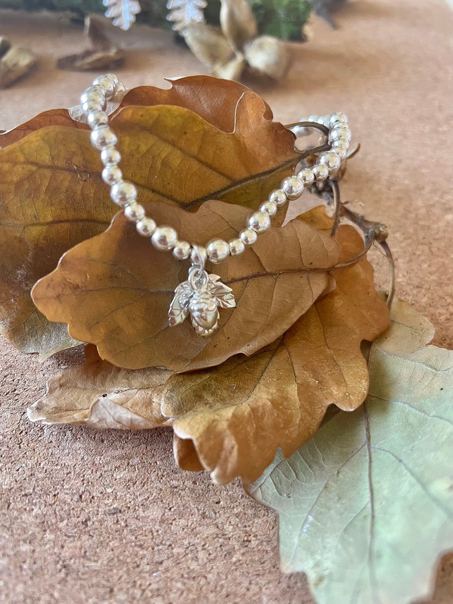 Sterling Silver Acorn & Maple Leaf Beaded Bracelet