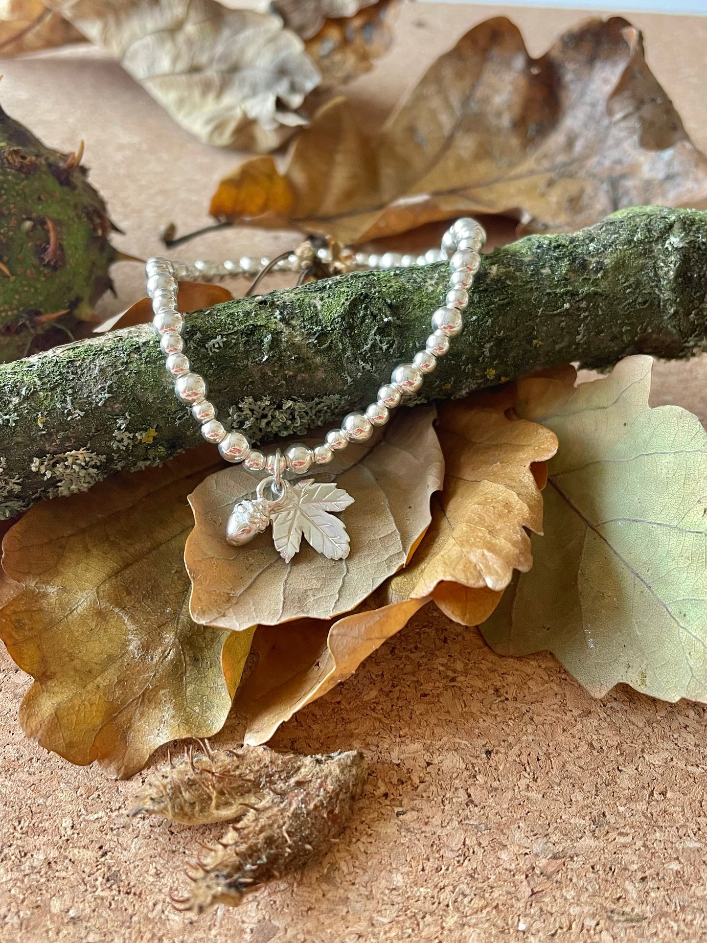 Sterling Silver Acorn & Maple Leaf Beaded Bracelet