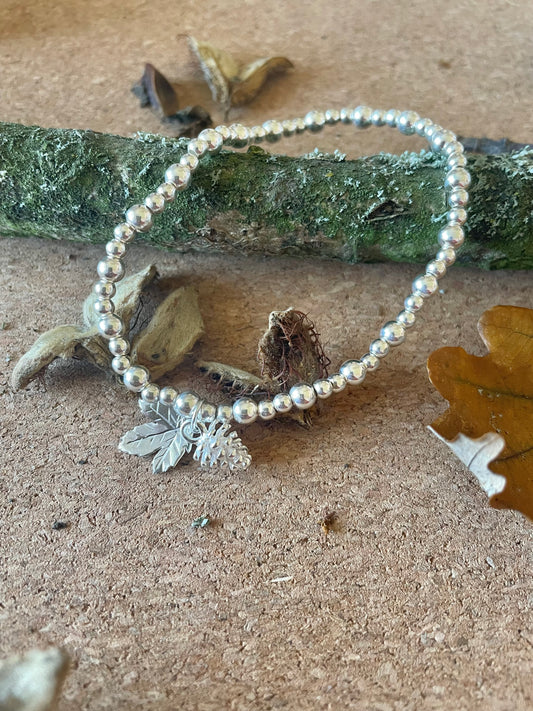 Sterling Silver Fir Cone & Maple Leaf Beaded Bracelet