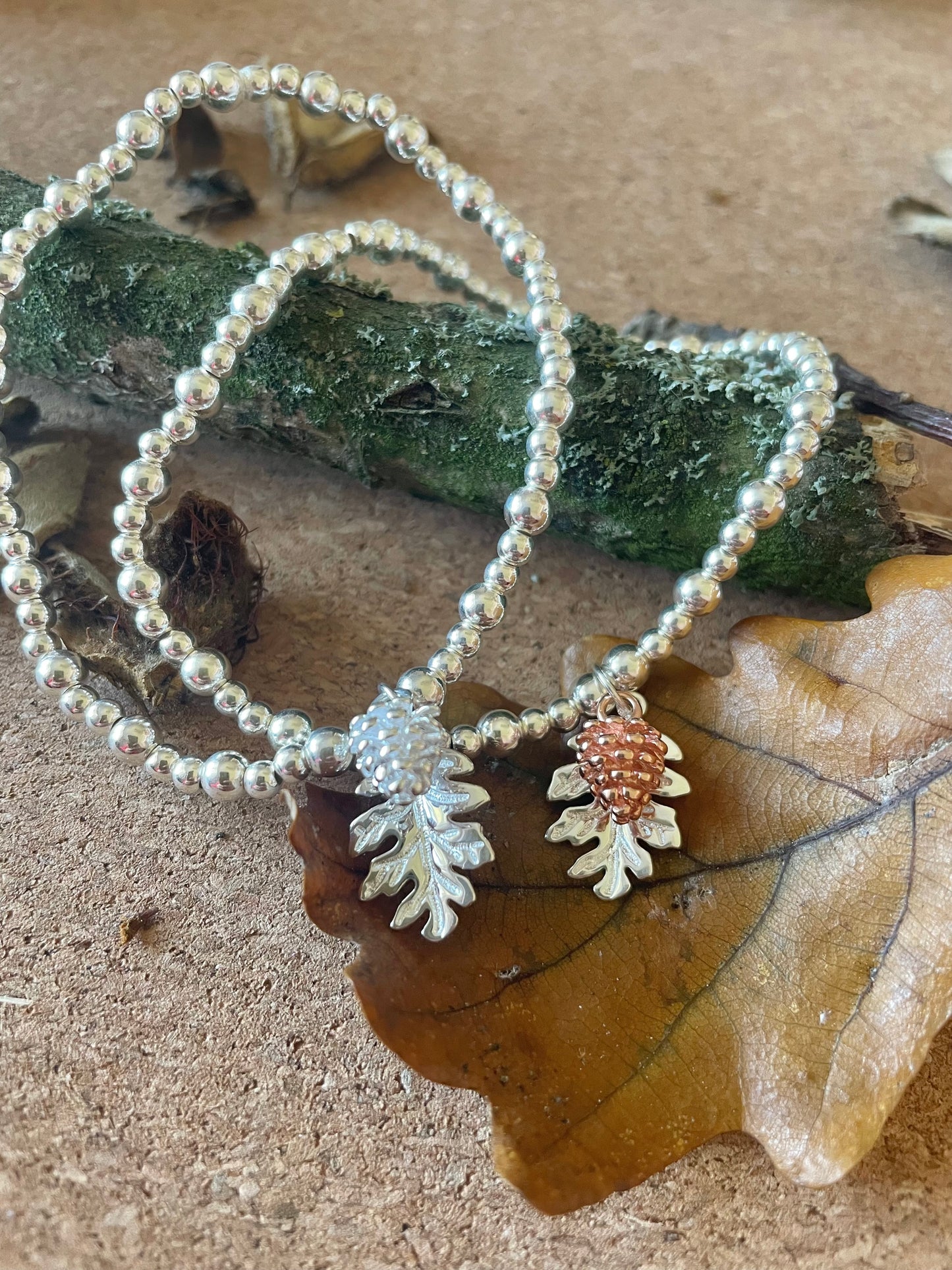 Rose Gold Fir Cone & Oak Leaf Beaded Bracelet