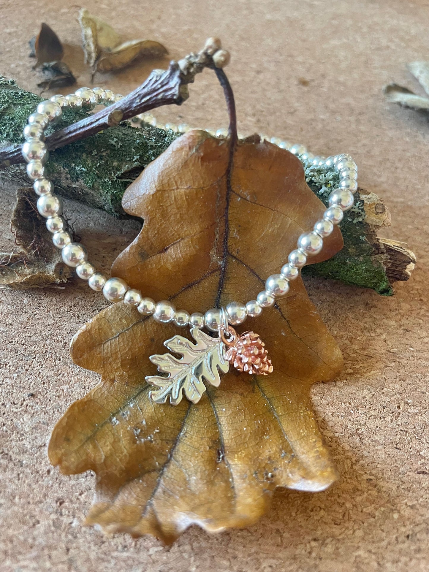 Rose Gold Fir Cone & Oak Leaf Beaded Bracelet